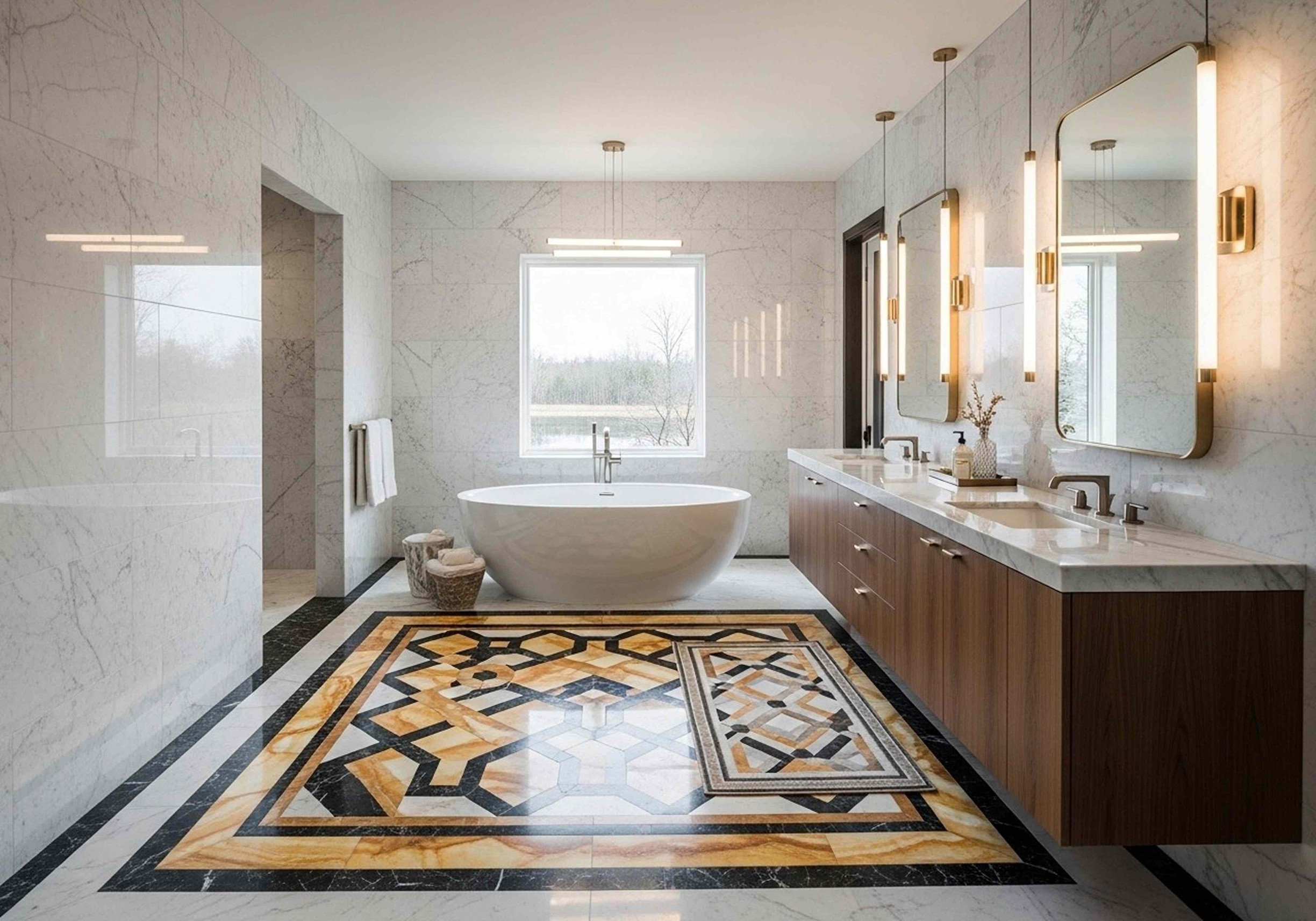 A luxurious modern bathroom with a freestanding tub and tile floors